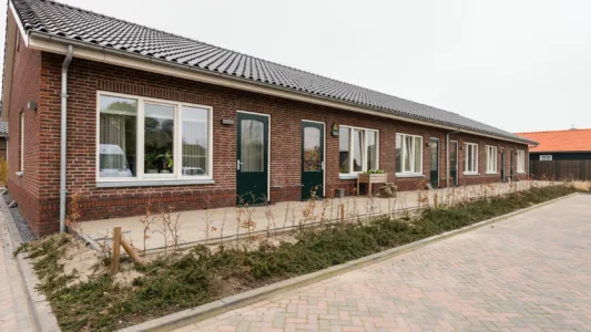 Rij eenlaagse bakstenen huizen met groene deuren en geplaveide wandelpaden